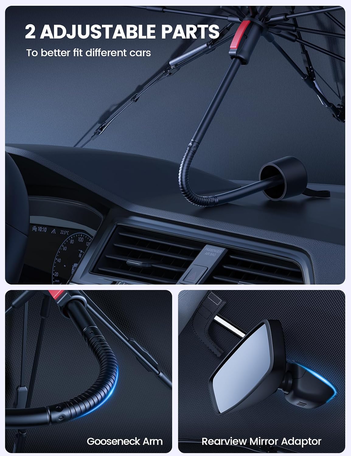 Tesla Model 3/Y Foldable Windshield Sunshade Umbrella UV Block 10-Rib Frame