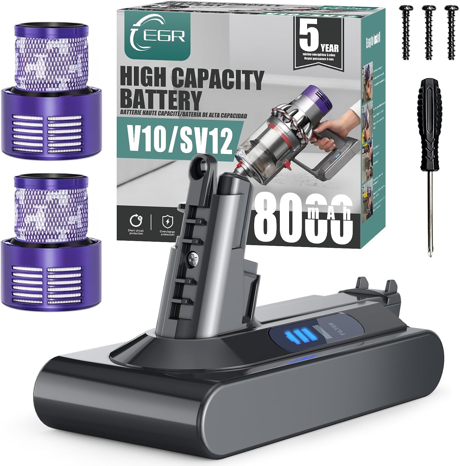 EGR 8000mAh Battery Replacement Compatible with Dyson V10 Series