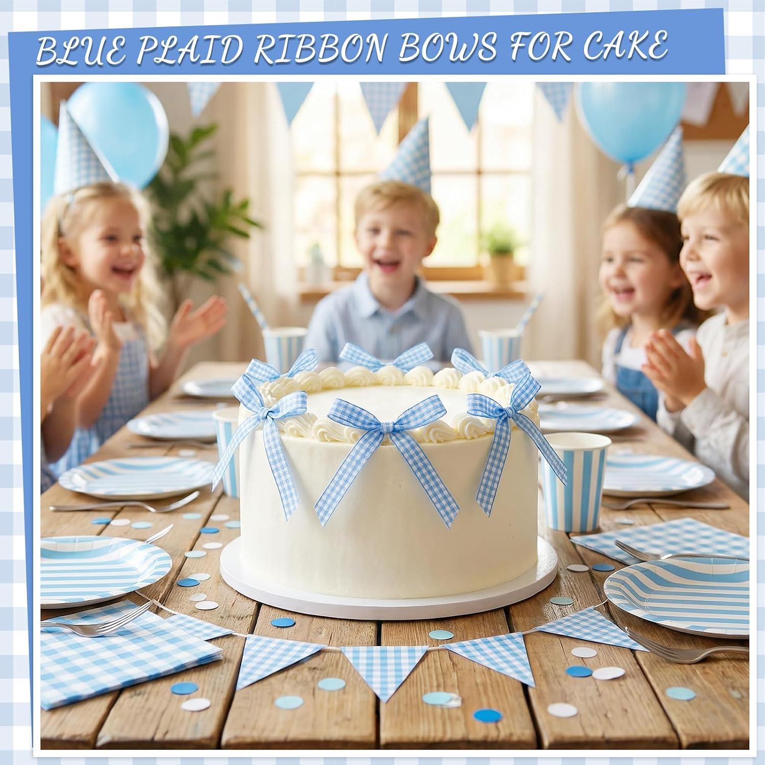 30 Pack Bow Cake Toppers Blue Gingham Ribbon Bows for Cake