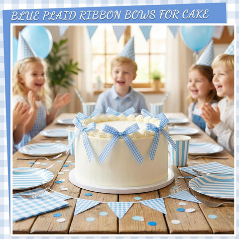 30 Pack Bow Cake Toppers Blue Gingham Ribbon Bows for Cake