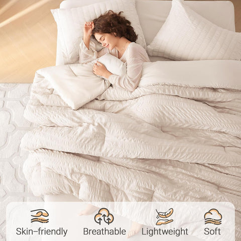MUXHOMO Twin XL Comforter Set 5 Pieces, Seersucker Bed in a Bag, Beige