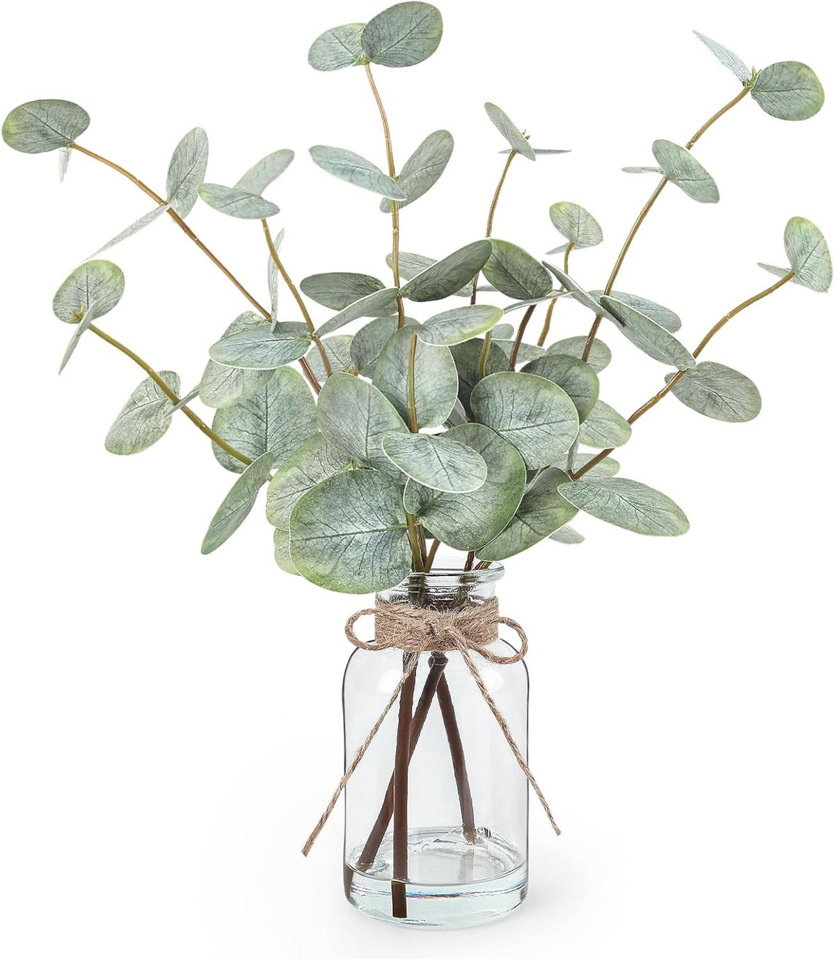 Bessol Artificial Eucalyptus Stems in Glass Vase with Faux Water, 13.5" Fake Plants for Home Decor, Coffee Table Centerpieces, Office, Bathroom & Farmhouse - Green Faux Plants Decorations