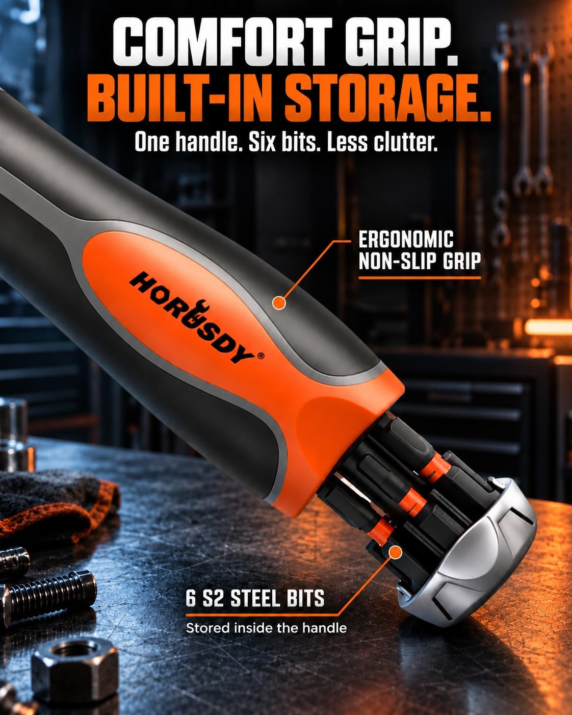 HORUSDY 6-in-1 Ratcheting Screwdriver Set, Magnetic Multi-Bit Screwdriver with Built-in Premium S2 Bits & 126mm Extension Bar, Dad Mens Gifts for Christmas, All-in-One Tool for Home Repair, DIY