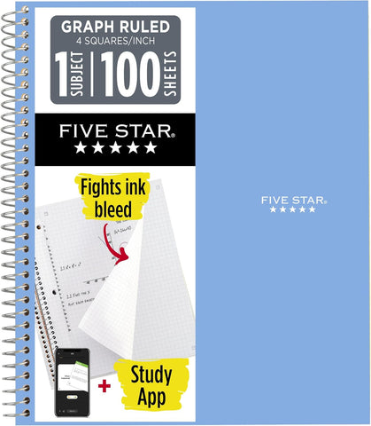Five Star Spiral Notebook + Study App, 1 Subject, Graph Ruled Paper, 8-1/2" x 11", 100 Sheets, Fights Ink Bleed, Water Resistant Cover, Tidewater Blue (06190AA4)