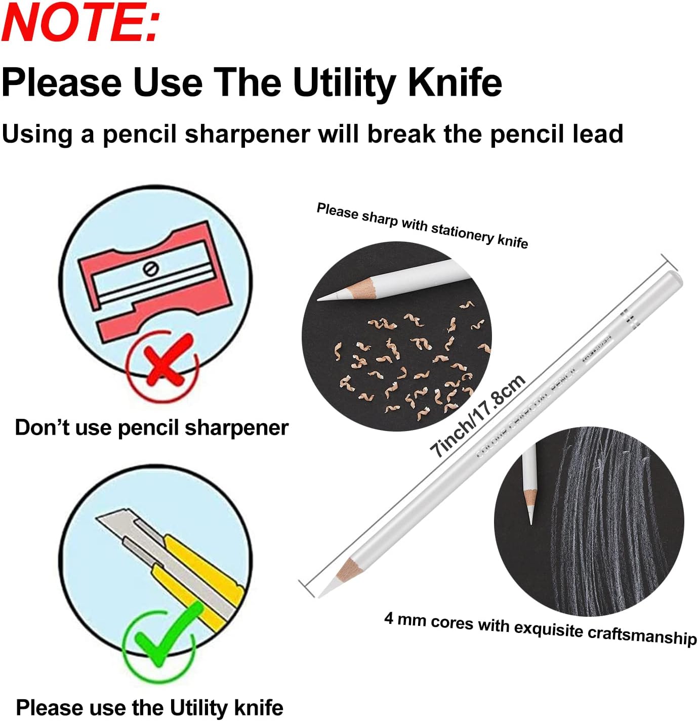 GETHPEN White Charcoal Pencils Set, Sketch High-light Pencils, 6 Pieces