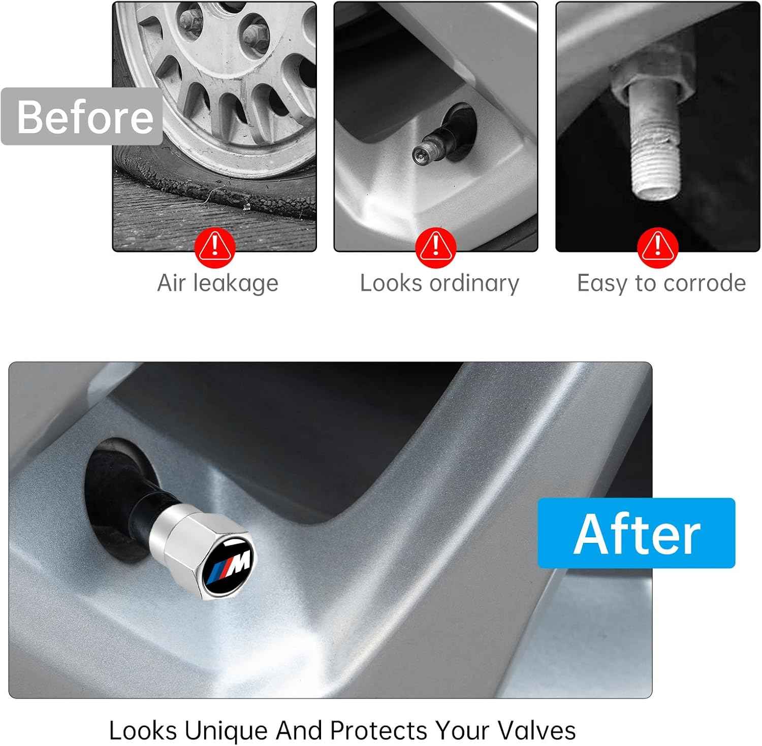 Tire Valve Stem Cap for BMW M Metal Tire Stem Cover with Belt O-Ring Air caps Sports Accessories 4 Pack