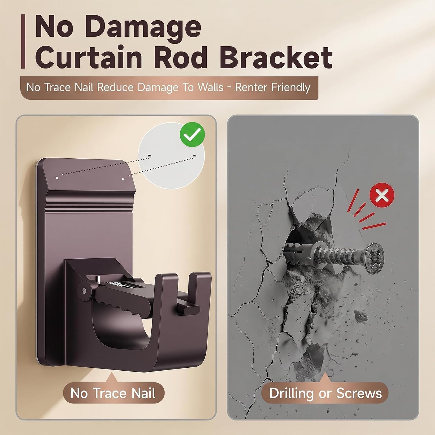 Heavy Duty Curtain Rod Brackets, No Drill Curtain Rod Brackets with Adhesive & Invisible Nail, 30+LB Load Curtain Rod Holders, Damage Free Curtain Rod Hooks for Wall, Bathroom, Kitchen 4PC Bronze