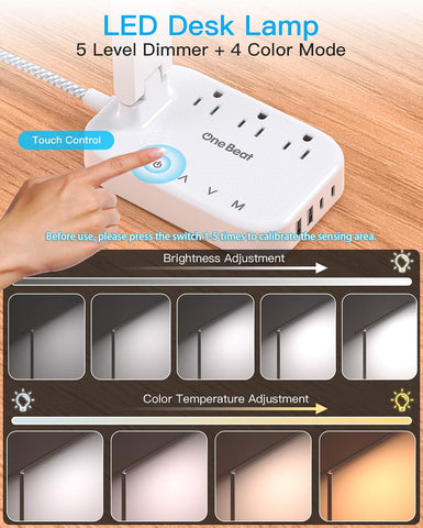 One Beat Small LED Desk Lamp Power Strip 5ft Extension Cord with 3 Outlets 4 USB Ports(2 USB C), 4 Modes, 5 Level Touch Lamp Study Reading Light, Home Office Bedroom College Dorm Room Essentials,White