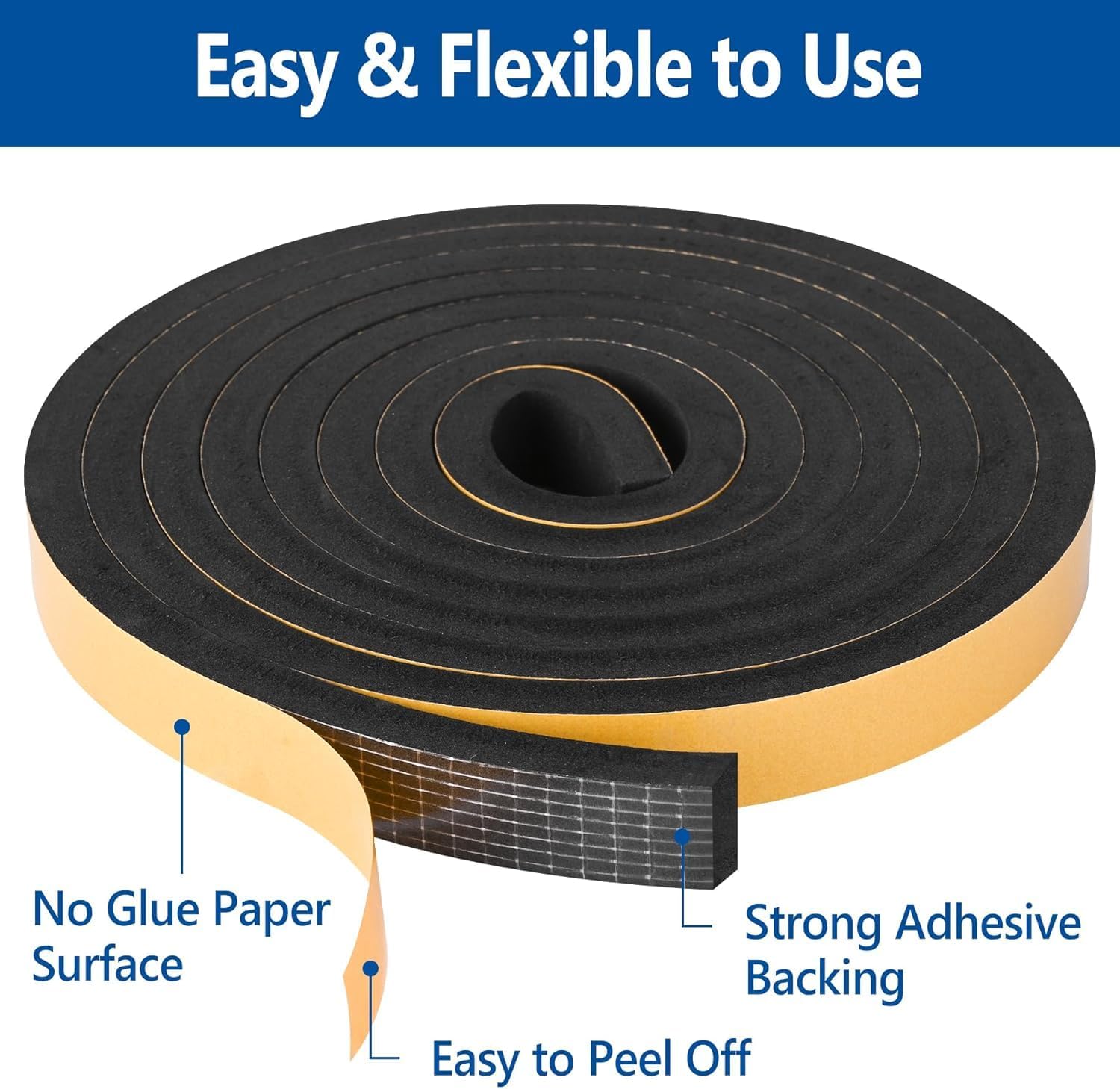 Kikerike Self Adhesive Foam Tape Weatherstrip 1/2In x 1/4In x 16.5Ft High Density Foam Insulation Strips Seal Weather Stripping with Strong Adhesive for Door and Window Sound Isolation Soundproofing