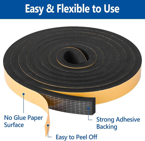 Kikerike Self Adhesive Foam Tape Weatherstrip 1/2In x 1/4In x 16.5Ft High Density Foam Insulation Strips Seal Weather Stripping with Strong Adhesive for Door and Window Sound Isolation Soundproofing