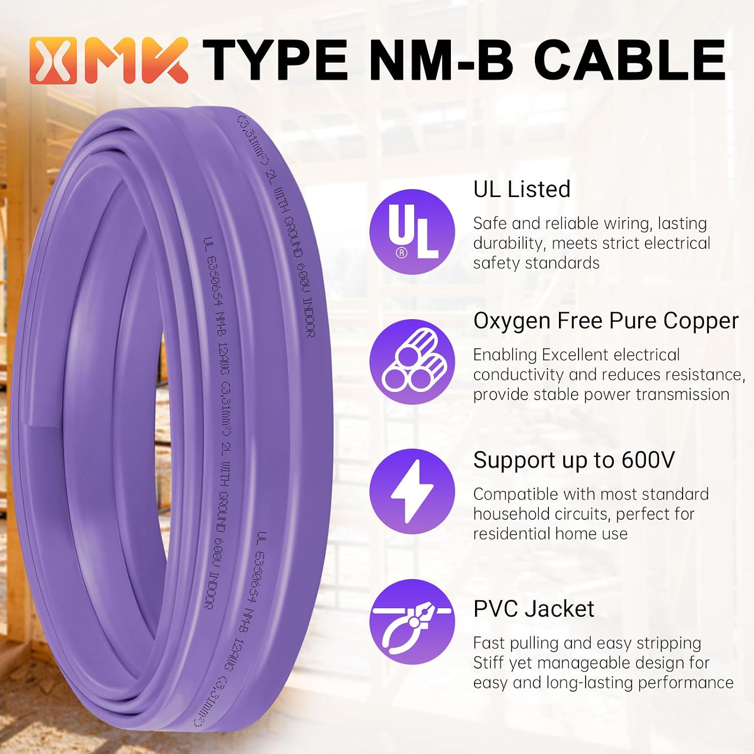 XMK 25ft NM-B 12/3 Wire with Ground,12 Gauge 3 Conductor Electrical Wire