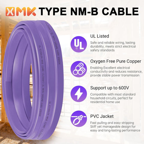 XMK 25ft NM-B 12/3 Wire with Ground,12 Gauge 3 Conductor Electrical Wire