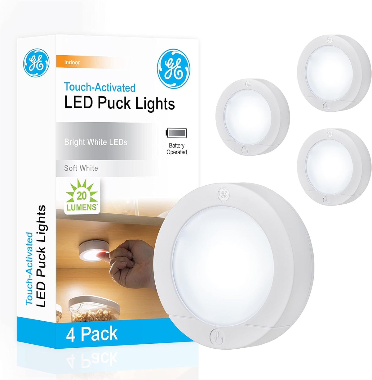 GE Battery Powered Puck Lights, Touch On/Off, 20 Lumens, 4 Pack
