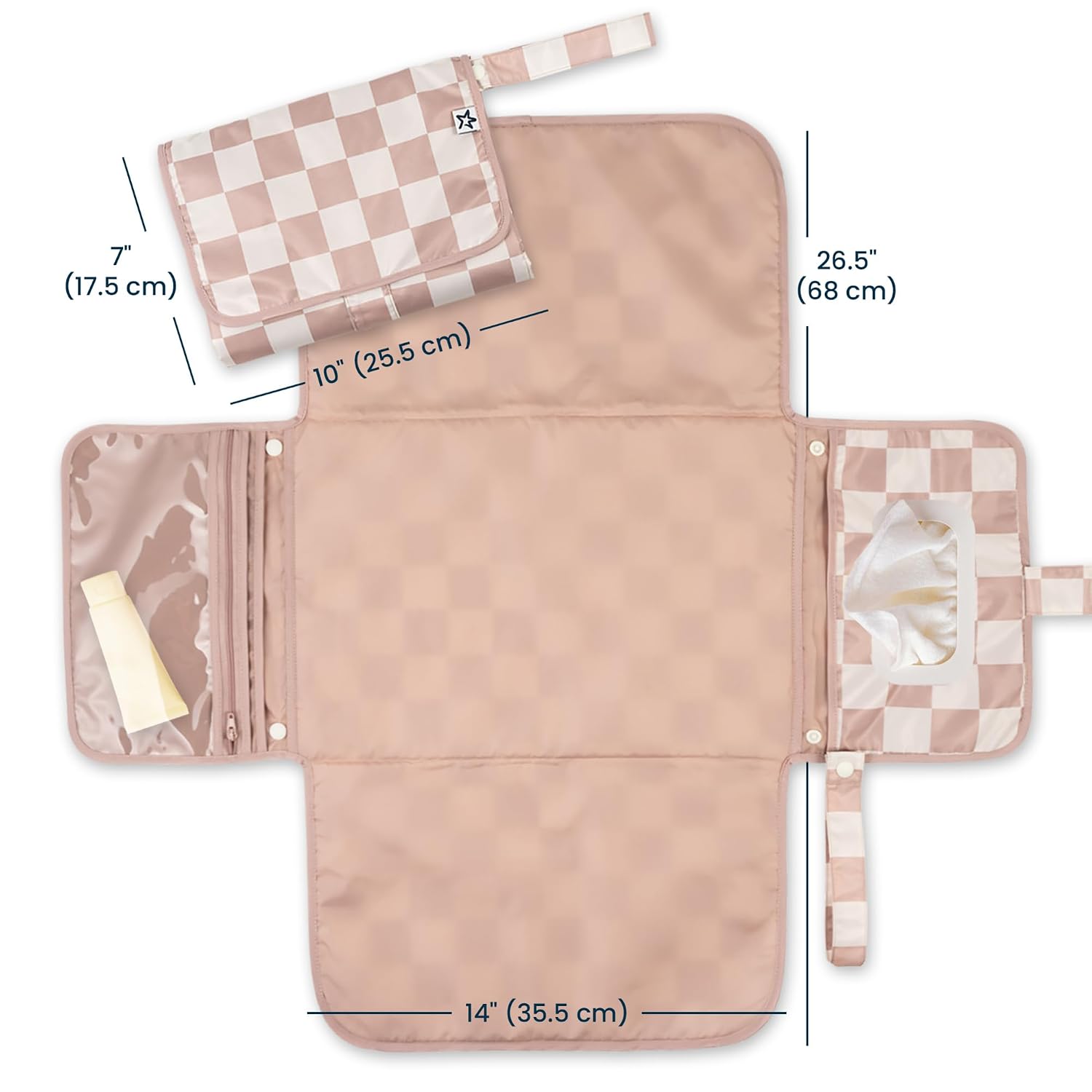 Tiny Twinkle Portable Diaper Changing Pad | Waterproof, Wipeable & Compact Baby Changing Pad for Travel | Smart Wipes Pocket & Organized Storage| Newborn Shower Gift (Beige Checkers)