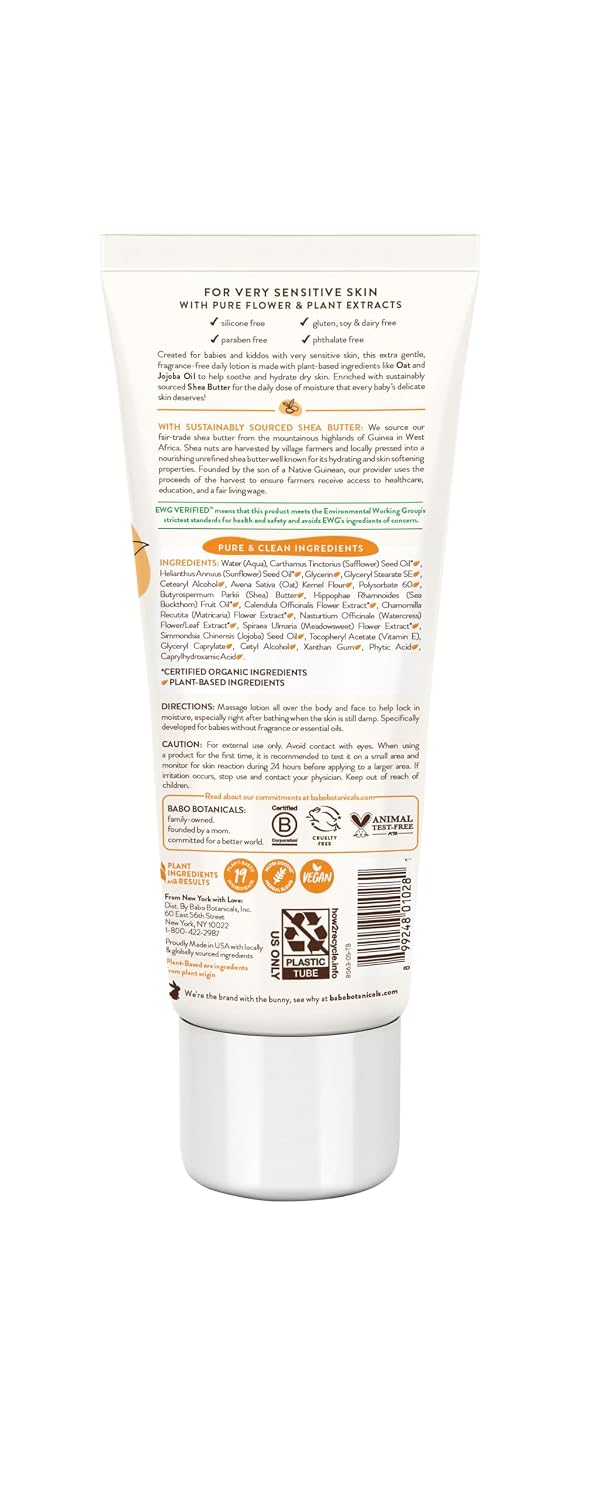 BABO Botanicals Sensitive Baby Fragrance-Free Daily Hydrating Baby Lotion - Shea Butter & Jojoba Oil - for Body & face - for Babies, Kids & Adults with Sensitive Skin - EWG Verified - Vegan