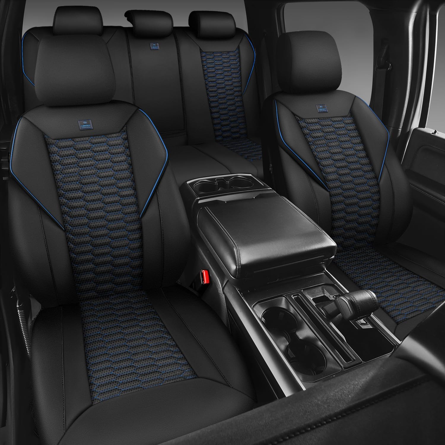 CAR PASS 3D Foam PU Leather Car Seat Covers Full Set,Luxury Breathable Faux Leather Seat Covers for Car,Anti Slip Universal Fit for SUVs Vans Sedan Truck Auto,Armrest Airbag Compatible,Black and Blue