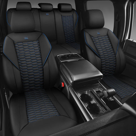 CAR PASS 3D Foam PU Leather Car Seat Covers Full Set,Luxury Breathable Faux Leather Seat Covers for Car,Anti Slip Universal Fit for SUVs Vans Sedan Truck Auto,Armrest Airbag Compatible,Black and Blue