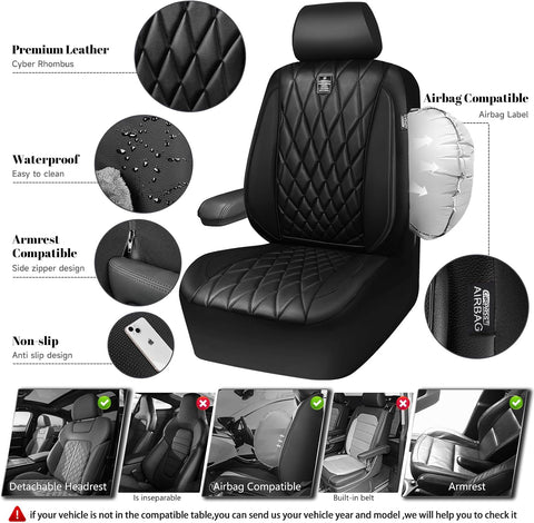 CAR PASS 5 Seats Piping Luxury Faux Leather Seat Covers Full Set, Anti-Slip Waterproof Seat Covers Compatible with Front Armrests, Universal Fit for Suvs,Vans,Trucks,Airbag Compatible, Pure Black