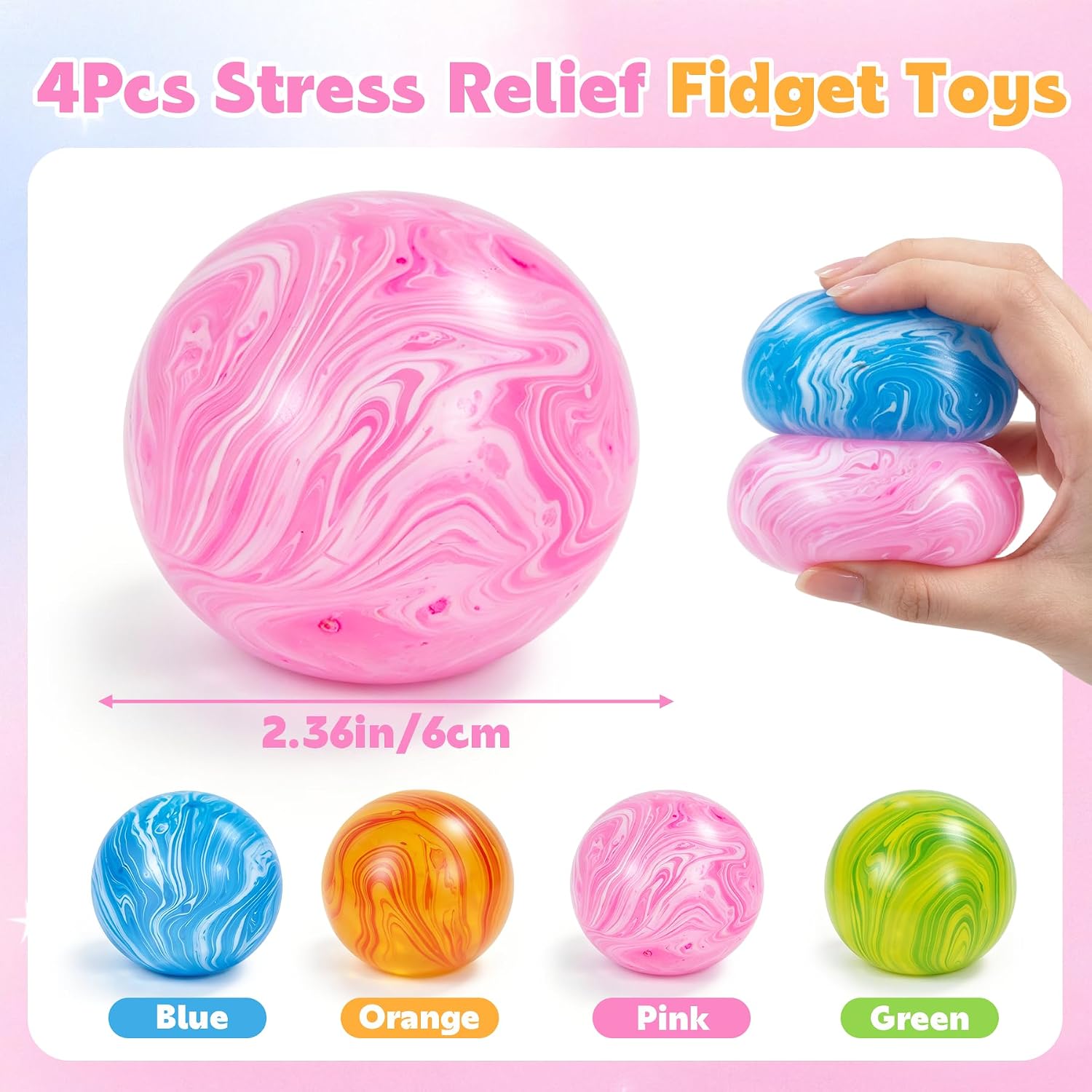 4 Pack Squishy Stress Ball, Fidget Toys for Anxiety & Stress Relief for Adults, Squishy Sensory Toys for Adults and Kids, Birthday Gifts, Party Favors, Classroom Prizes, Xmas Stocking Stuffers