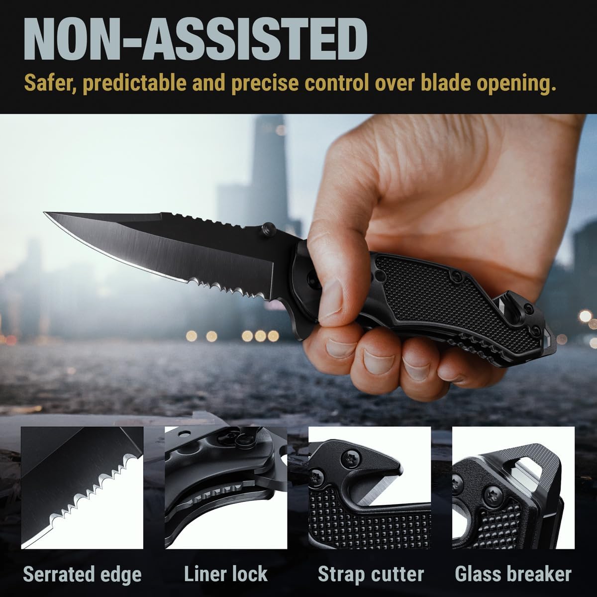 GOOD WORKER Legal Pocket Knife with 2.95” Serrated Blade, Glass Breaker, Seat Belt Cutter - EDC Sharp Folding Knives with Portable Clip - Small Tool for Tactical Camping Survival Hiking - Gifts for Men, Women