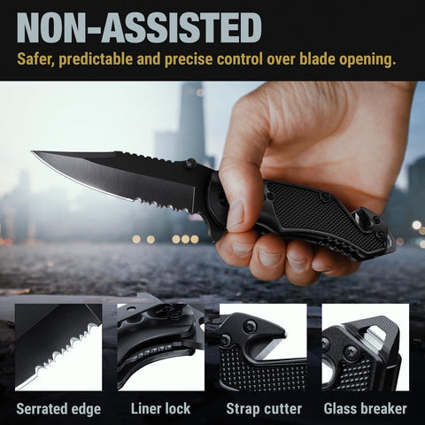 GOOD WORKER Legal Pocket Knife with 2.95” Serrated Blade, Glass Breaker, Seat Belt Cutter - EDC Sharp Folding Knives with Portable Clip - Small Tool for Tactical Camping Survival Hiking - Gifts for Men, Women