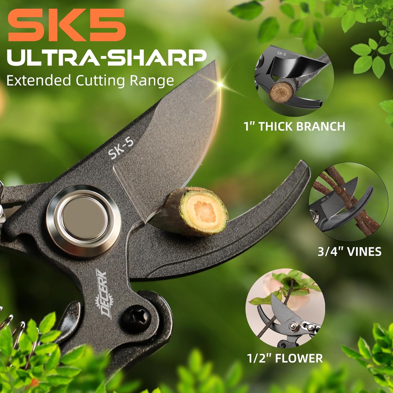 DECERK® 8.5" Professional Pruning Shears, Effortlessly Prunes 3/4" Branches