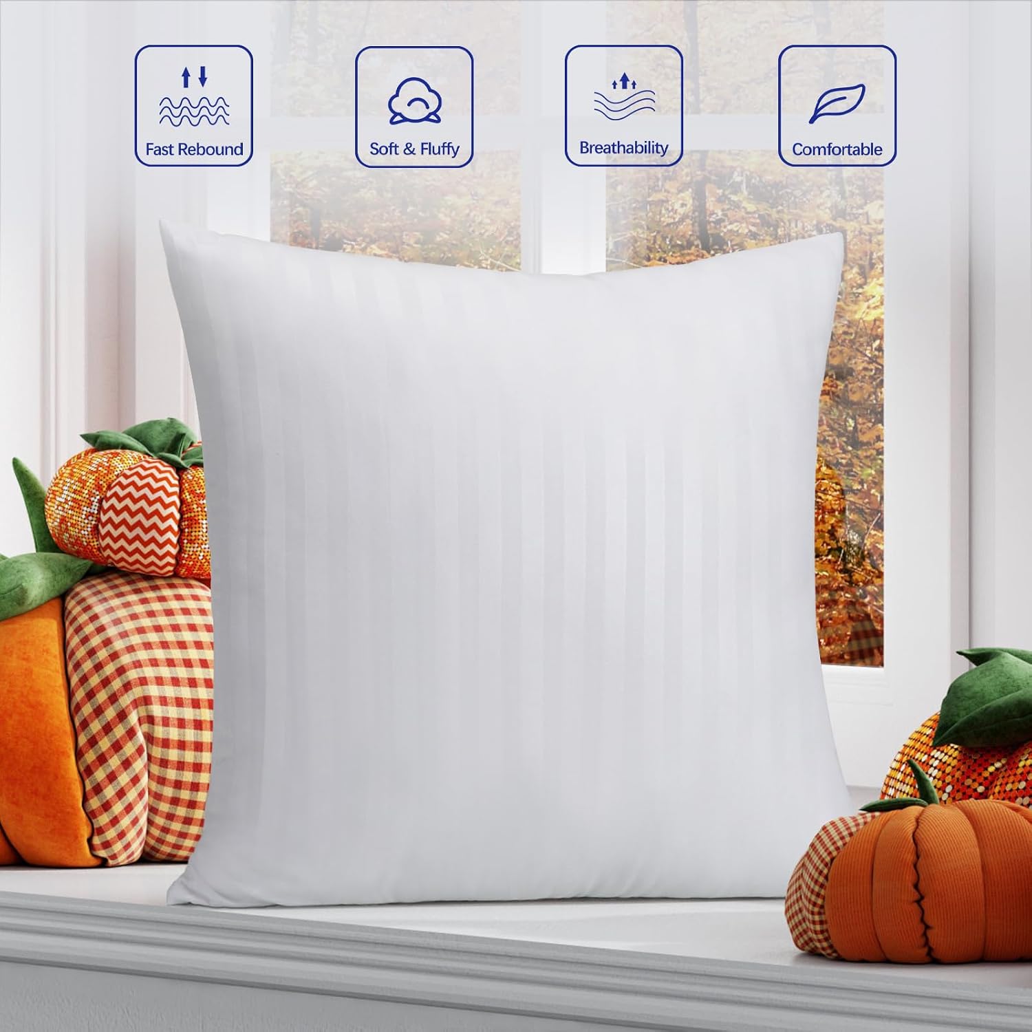 OKBA Set of 2 Throw Pillow Inserts, Hypoallergenic Soft & Firm Cushions with 100% Cotton Cover,Pillows Filler for Side Sleepers, Sofa, Bed and Home Decor (26x26 Inch (Pack of 2)-1CM Stripe)