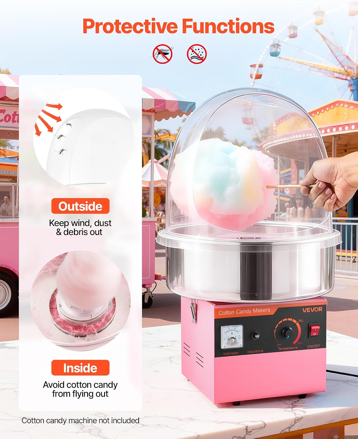 VEVOR 16 Inch Cotton Candy Machine Cover, Transparent Acrylic Dome Bubble Shield Compatible with 15inch Commercial Cotton Candy Floss Maker Bowl for Party, Shops, Bottom Groove Design