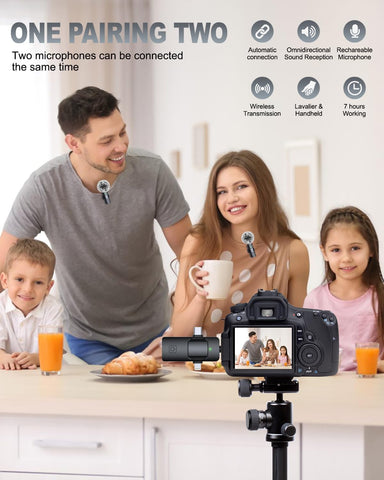PQRQP 3 in 1 Professional Wireless Lavalier Microphone for iPhone/Android/Camera, Wireless Microphones, Mini Microphone, Crystal Clear Sound Quality for Recording, Live Streaming, Clips-Elegant Black