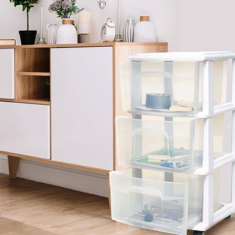 HOMZ Drawer Tower 3-Tier Storage Cart, Removable Wheels, White Frame,2 Pack
