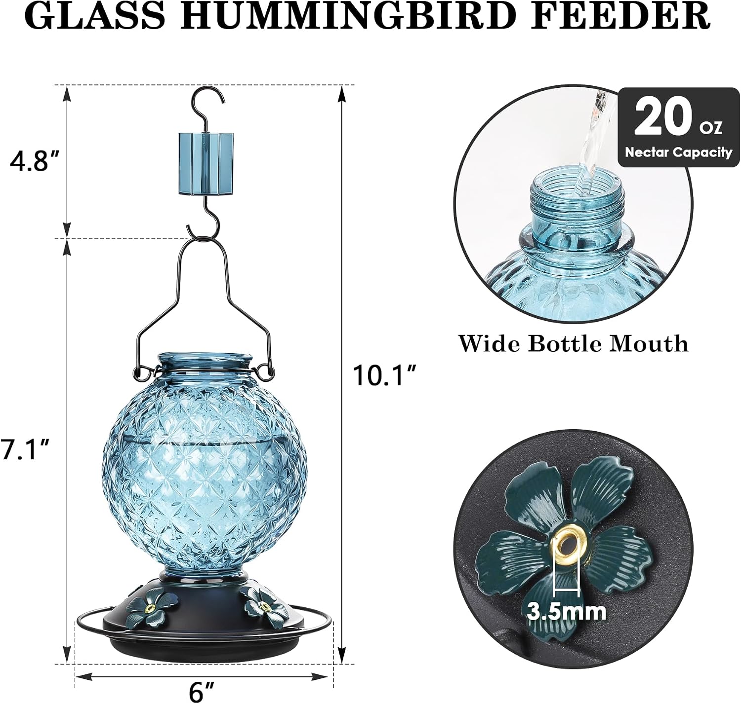2 Pack 25 OZ Glass Hummingbird Feeder for Outdoors, Leak Proof Hummingbird Feeder with Ant Moat, 4 Bee Resistant Feeding Ports, Easy Clean Wide Mouth Design, Hanging Nectar Feeder, Blue
