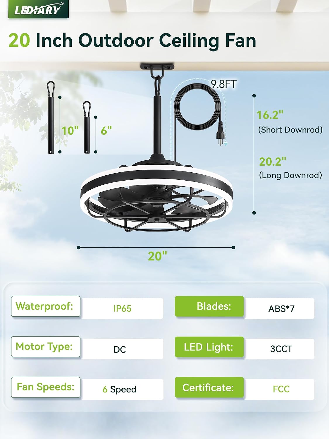 LEDIARY 20" Outdoor Ceiling Fans with Light, IP65 Waterproof Gazebo Fan