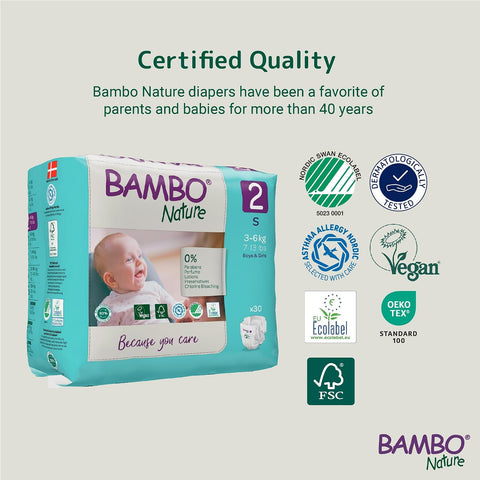 Bambo Nature Hypoallergenic Baby Diapers, Eco-Labeled Sustainable Diapers, Enhanced Leakage Protection, Totally Chlorine-Free, Skin Friendly, and Super Absorbent - Size 2 (4-9lbs) - 180 Count