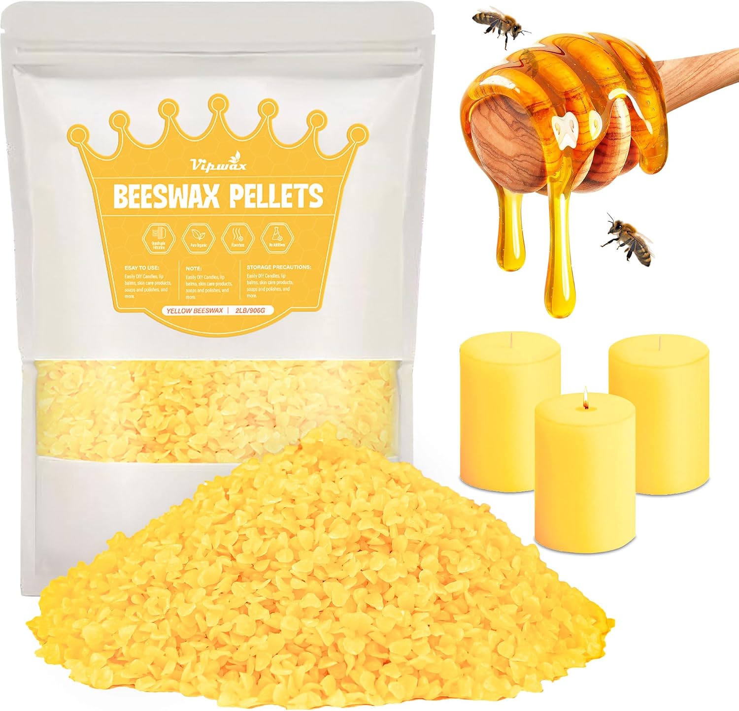 VIPwax Yellow Beeswax Pellets 2LB, Natural Organic Beeswax, Beeswax for Candle Making, Body, Skin Care DIY, Lip Balm and Soap Making Supplies