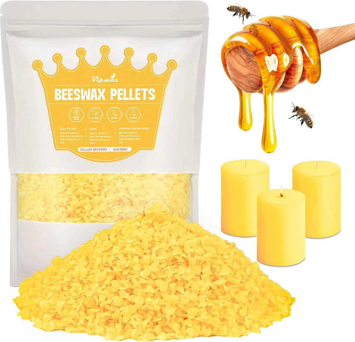 VIPwax Yellow Beeswax Pellets 2LB, Natural Organic Beeswax, Beeswax for Candle Making, Body, Skin Care DIY, Lip Balm and Soap Making Supplies