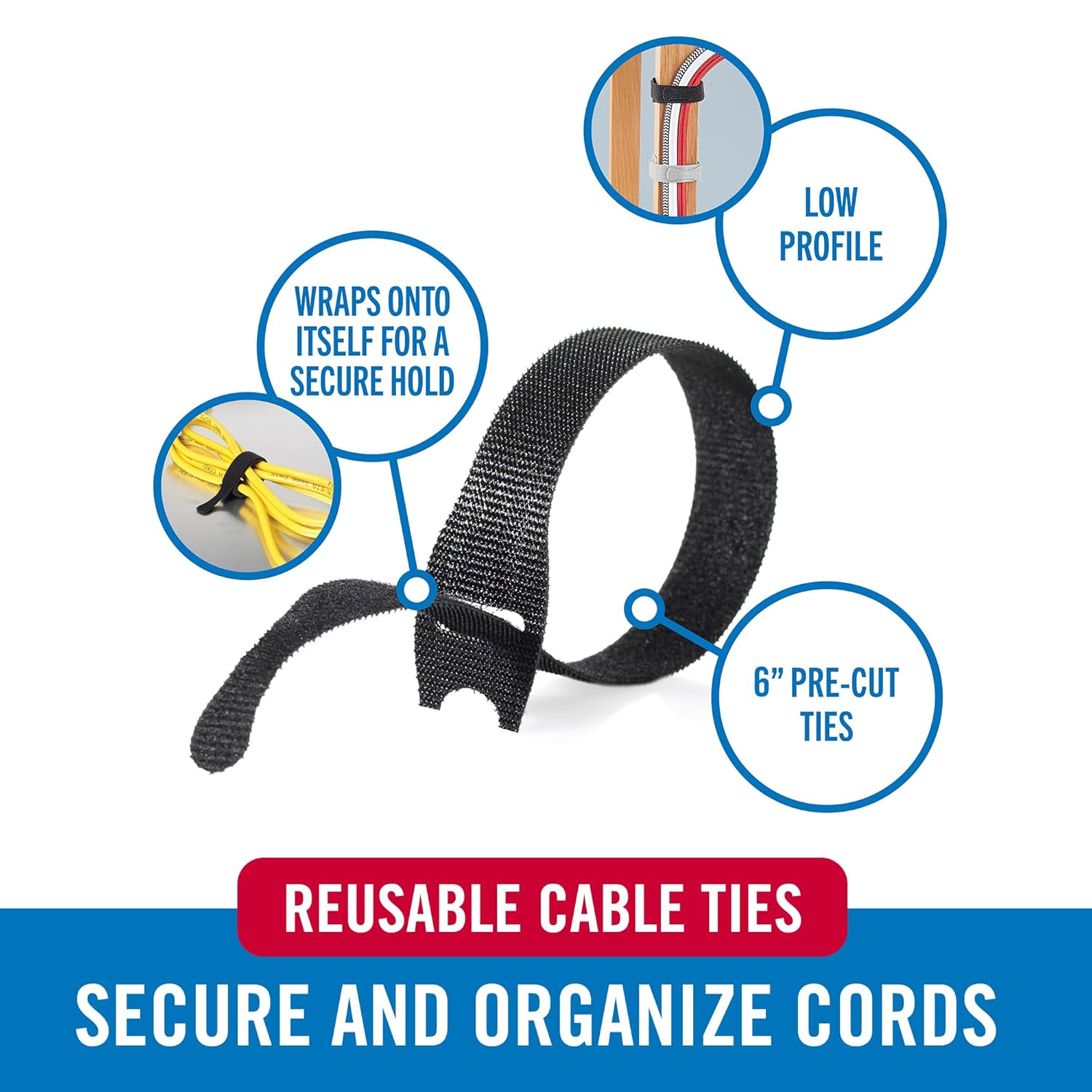 VELCRO Brand Reusable Cable Ties, Cord Management, 6in, Black, 100 Pack