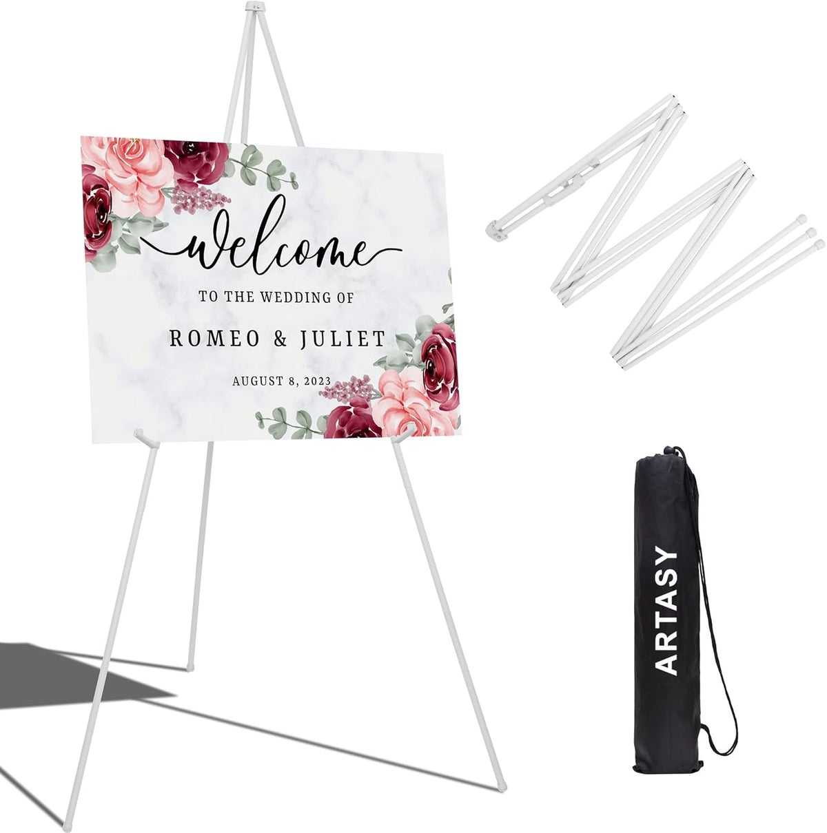 ARTASY 63" Easel Stand for Wedding Signs, White, 1 Pack with Carry Bag