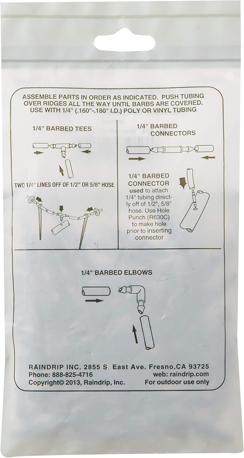 Raindrip 312050B Drip Irrigation Fittings Single Barbed Coupling Connectors, 1/4-Inch, 50 Per Bag, for Trees, Shrubs, Gardens, Black