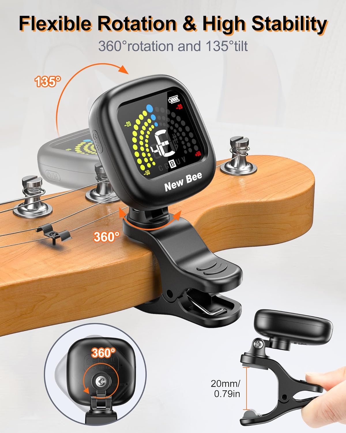 New bee Guitar Tuner Rechargeable, Color Screen Clip On Tuner