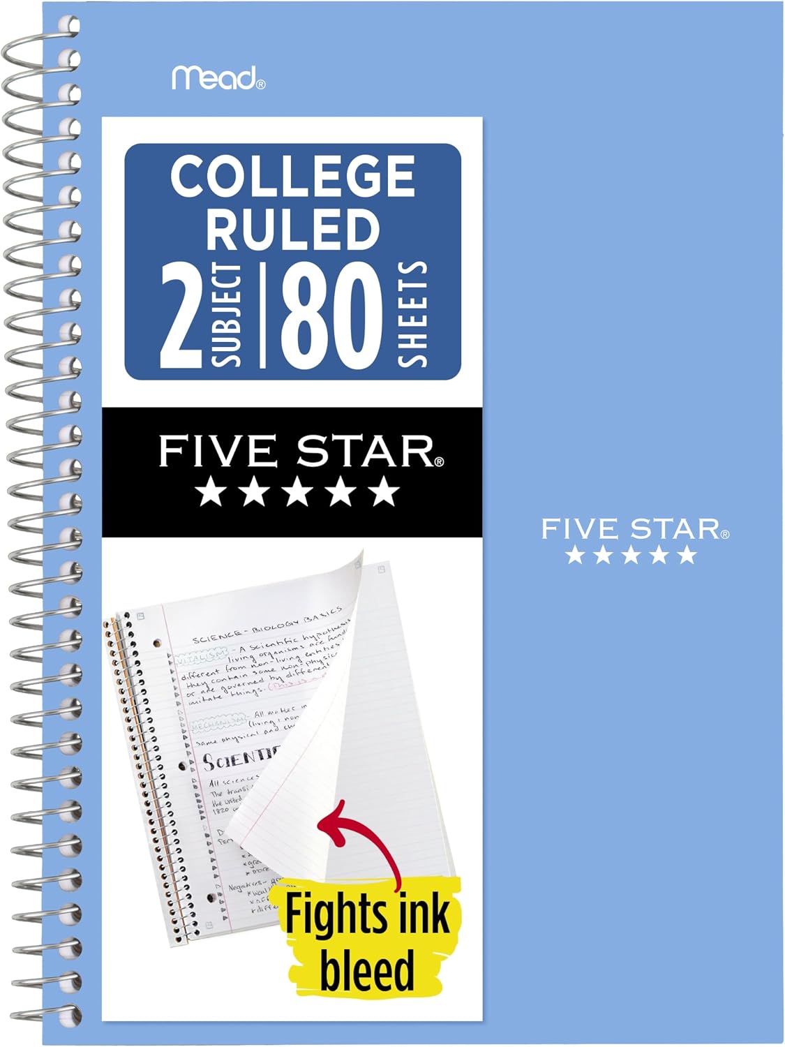 Five Star Spiral Notebook, 2 Subject, College Ruled Paper, 6" x 9.5", 80 Sheets, Blue (840029CG1)