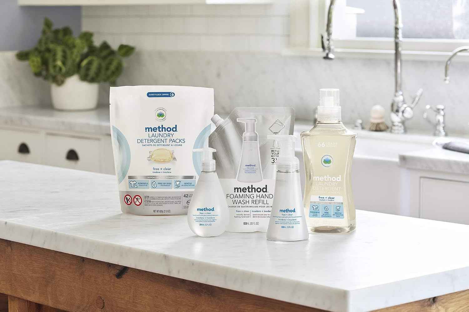 method Concentrated Laundry Detergent, Free + Clear, 53.5 fl oz, 4 Pack | Powerful Stain Lifter, Free of Dyes & Fragrances, 66 Loads Per Bottle