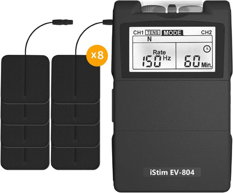 iSTIM EV-804 TENS/EMS 2 Channel Rechargeable Combo Machine Unit - Muscle Stimulator + Back Pain Relief and Management- 7 modes/24 Programs/Backlit (Including Electrodes Pads)