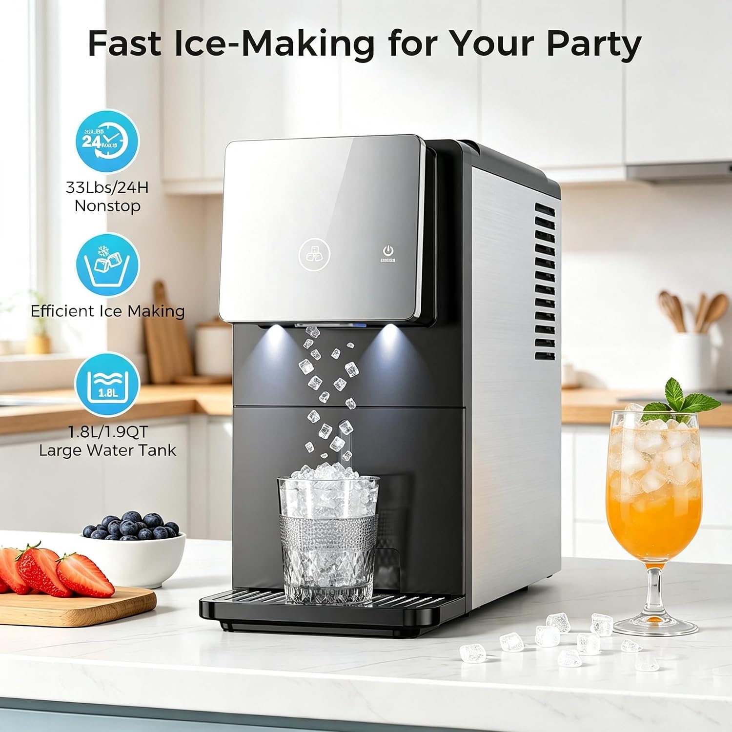 COWSAR Nugget Countertop Ice Maker, Automatic Ice Dispenser, 33 lbs/Day Chewable Pellet Ice Machine with Self-Cleaning & Measured Dispensing, Portable Ice Maker for Home, Kitchen, Office
