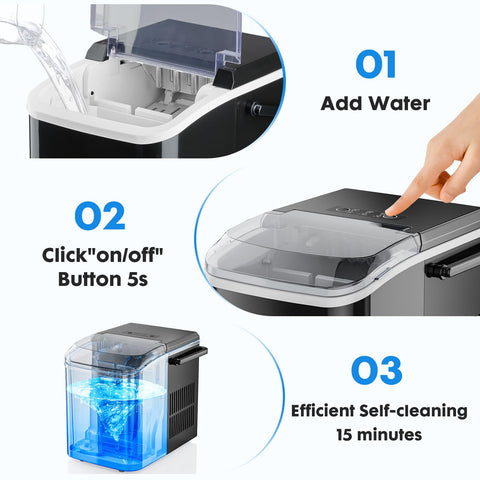 DUMOS Ice Maker Countertop Ice Machine Compact Size with Handle, 26lbs in 24Hrs, Black