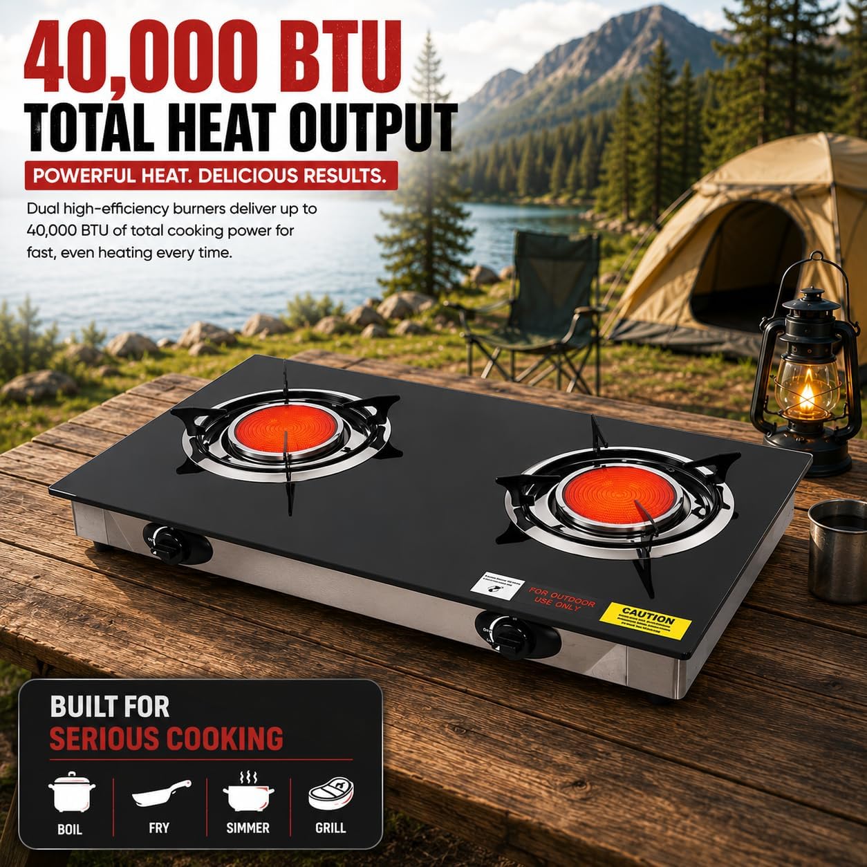 Barton Deluxe 40,000 BTU 2-Burner Propane Gas Stove, Outdoor Countertop Cooktop with Ceramic Infrared Burners, Auto Ignition LPG Camping Stove for BBQ, Tailgating & Outdoor Cooking