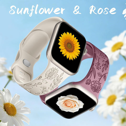 SNBLK 6 Pack Floral Engraved Bands Compatible with Apple Watch Bands 40mm 41mm 42mm 38mm 44mm 45mm 46mm 49mm Women Men, Silicone Flower Pattern Strap for iWatch Series 11 10 Se Ultra 9 8 7 6 5 4 3 2 1