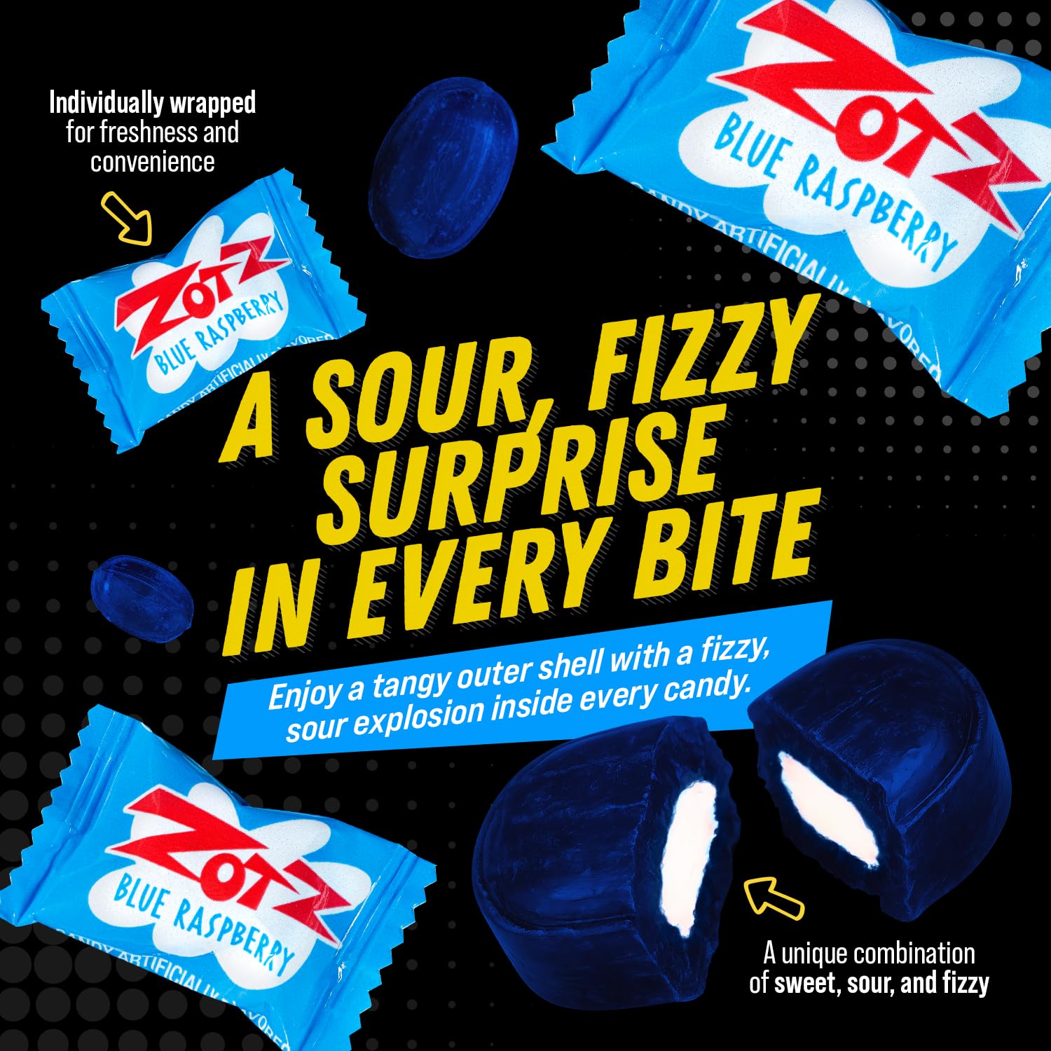ZOTZ Fizzy Sour Candy Bulk - Retro Italian Hard Candy Individually Wrapped - Classic Nostalgic Blue Raspberry Flavor - 46 Pieces Bag for Party Favors, Goodie Bags, Piñata & Candy Buffet
