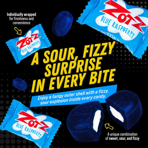 ZOTZ Fizzy Sour Candy Bulk - Retro Italian Hard Candy Individually Wrapped - Classic Nostalgic Blue Raspberry Flavor - 46 Pieces Bag for Party Favors, Goodie Bags, Piñata & Candy Buffet
