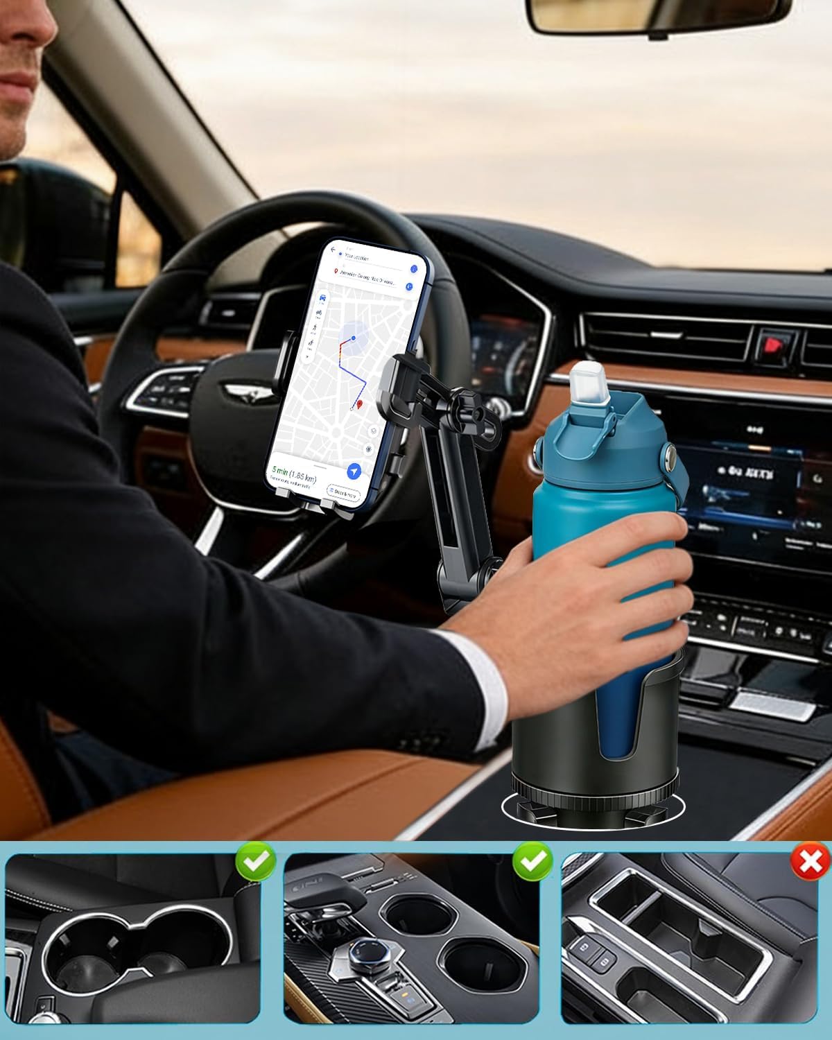 Cup Phone Holder for Car with Expandable Base, 2 in 1 Height-Adjustable Dual Cell Phone Holders Car Cupholder Mount, Friendly Fit Large Bottle & iPhone All Cellphone for Truck SUV | No Shake Design