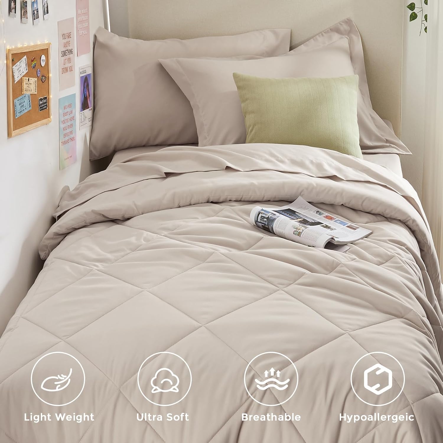 HEVUMYI 5-Piece Twin XL Comforter Set, Beige Bed in a Bag